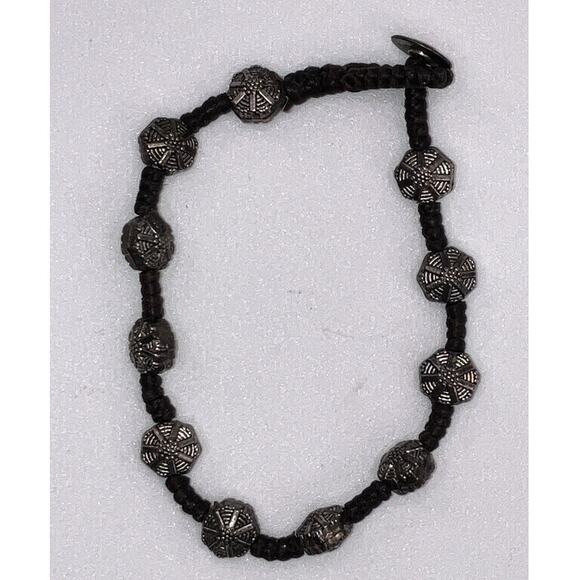 Silver Spinel Textured Beads on Brown Tied Rope 7 1/8" Bracelet! - Picture 3 of 7